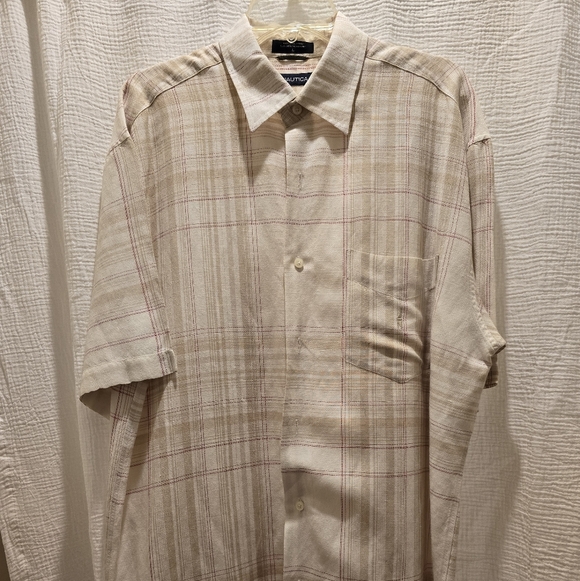 Nautica Men's Tan, Ivory, and Burgandy Plaid Shirt - Picture 2 of 4